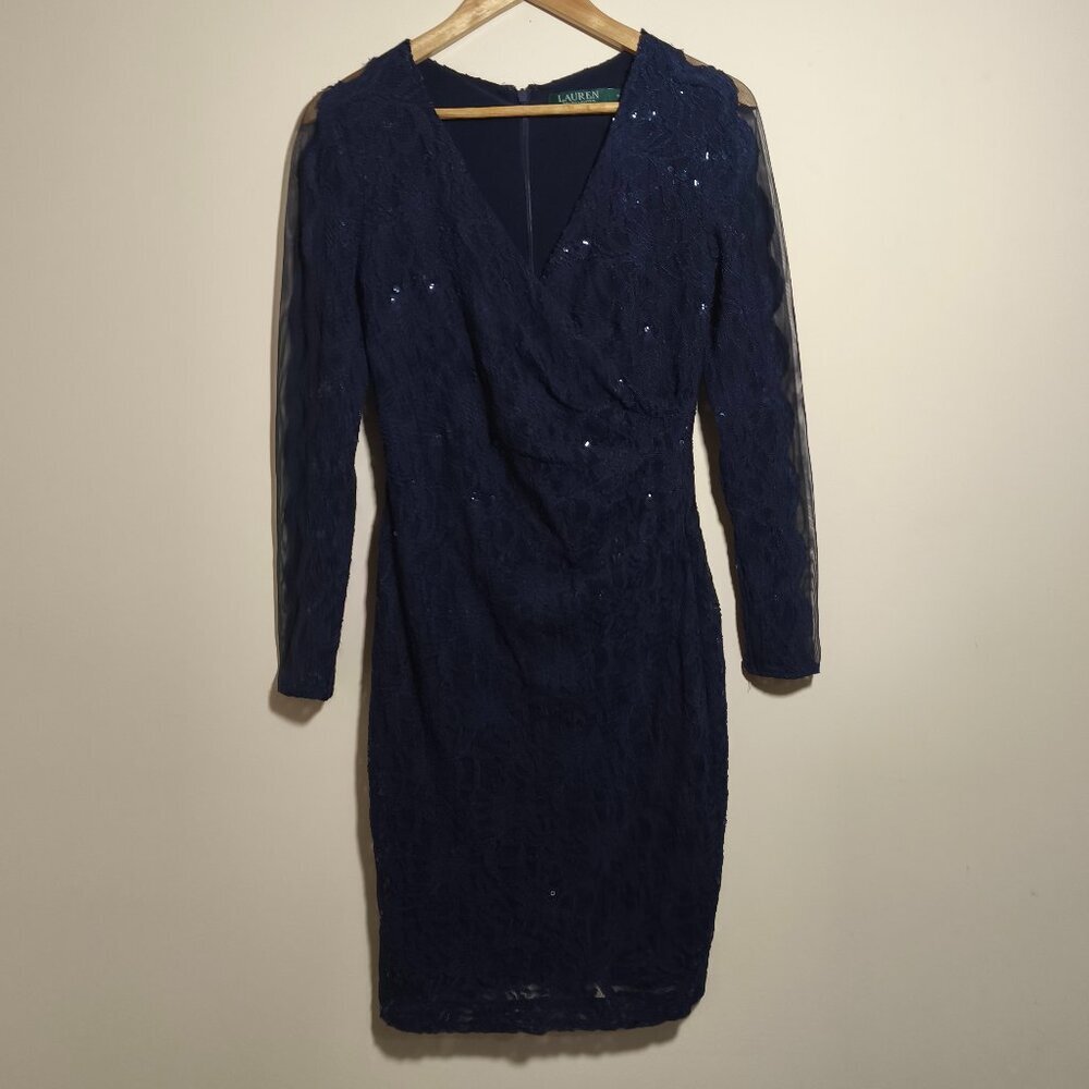 Lauren Ralph Lauren Lace Sequin Faux Wrap Knee Length Dress sz 8 Navy Cocktail